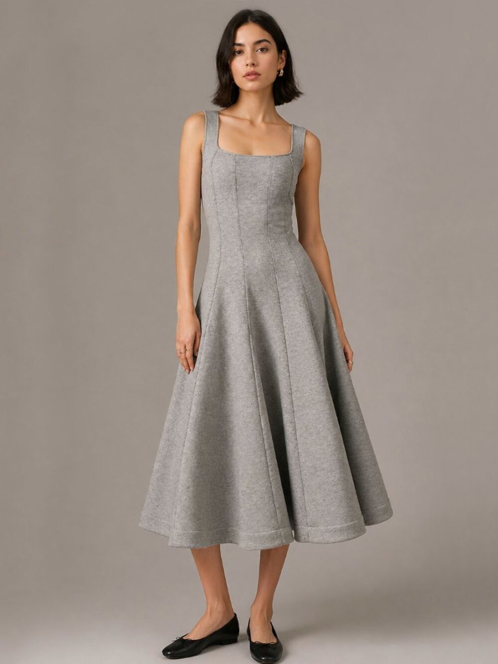 NWT Anthropologie Du Paradis Gray Knit Midi Dress Quiet Luxury Fit Flare M